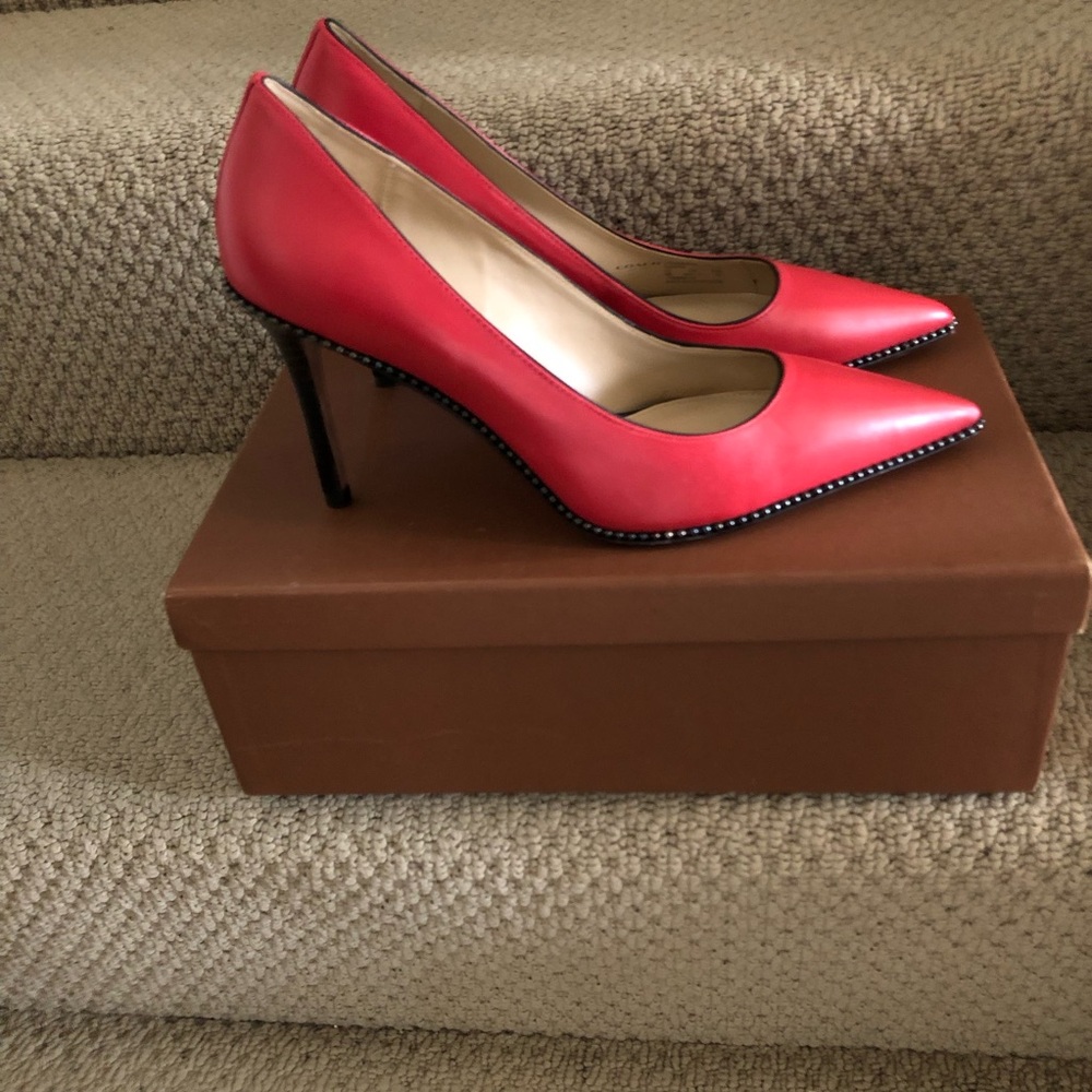 Coach Red Pointed Toe Studded Trim Stiletto Heels - Picture 5 of 7
